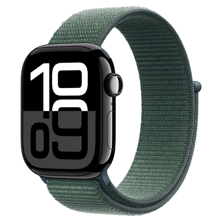 Apple Watch 10 Aluminum GPS Jet Black Textile Sport Loop Lake Green 42 mm